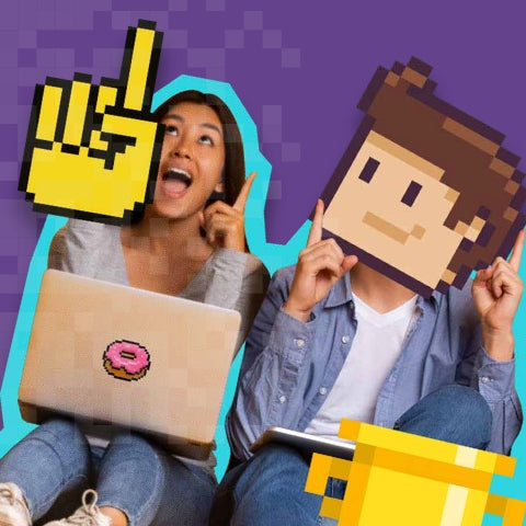One girl, teen, with a laptop that has a pink pixelated donut on that is pointing upwards with a gian yellow pixelated hand nearby a boy, teen, with a pixelated gamic face who is also pointing upwards.