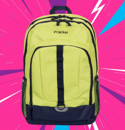 Yellow backpack for young adults with the logo tracker on the back, showcasing its multiple compartments and front pockets, on a white fuscia background that has light blue and purple obtuse triangles and white lightning zig zags.