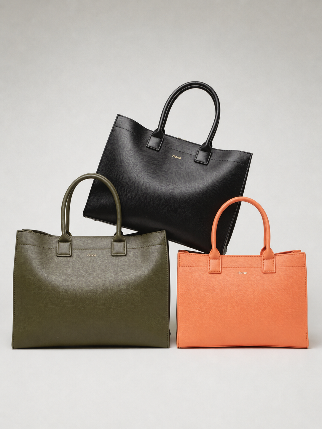 Three Bentley handbags in black, green, and orange on a light gray background
