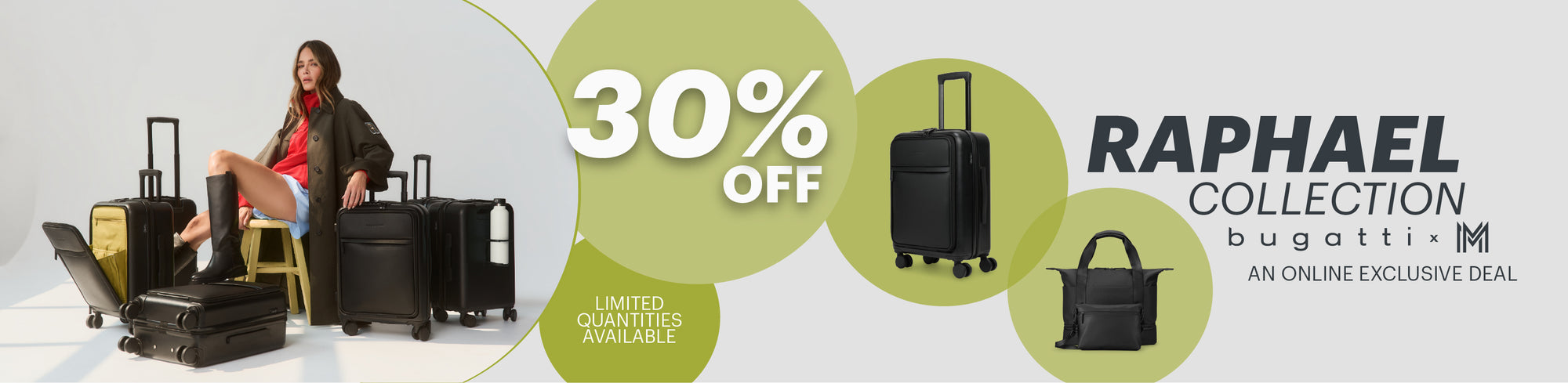 Shop Bentley Promotional banner for Raphael Collection with suitcases and a woman sitting, featuring a 30% off discount offer.