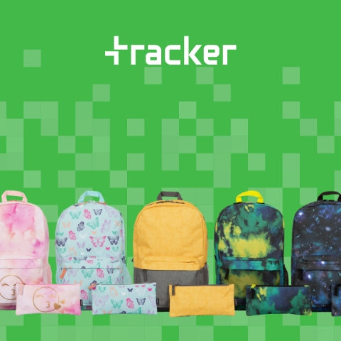 An array of backpack and pencil case sets with multiple colours and prints near the tracker logo on a green pixelated background.