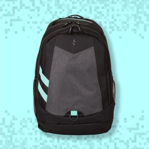 Black and grey backpack with the Tracker logo on a blue pixelated background, showcasing its multiple main compartments.