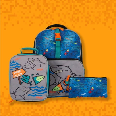 Matching backpack, lunch box, pencil case set with a print-theme of sharks and surfing designed by Tracker on an orange pixelated background, show casing their many nifty features.