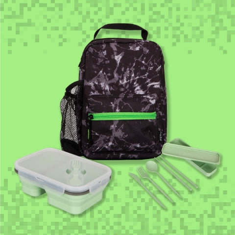 White, grey, black lunch box with top handle and side water bottle pocket, food container, and utensil kit on a green pixelated background, showcasing their many features.