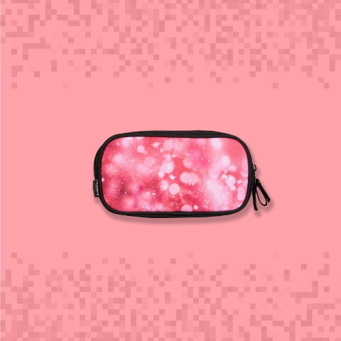 Pink and white pencil case designed by Tracker on a pink pixelated background, showcasing its pull tabs and tracker tag.